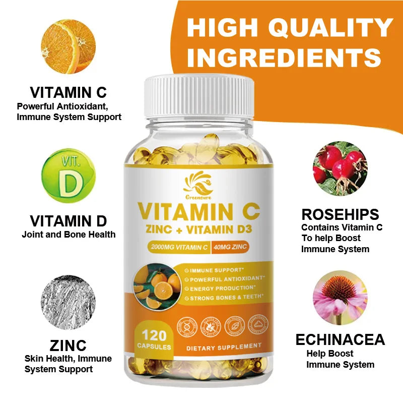 Immune Support Supplement with Echinacea, Vitamin C and Zinc 40Mg, Vitamin D 5000 IU 